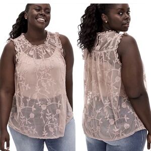 Torrid Floral Mesh Lace Sheer Mock Neck Sleeveless Pink Blouse
